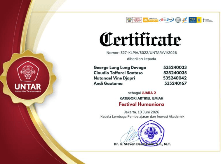 Certificate: 2nd Place Winner – Festival Humaniora 2026 (Scientific Article Category)