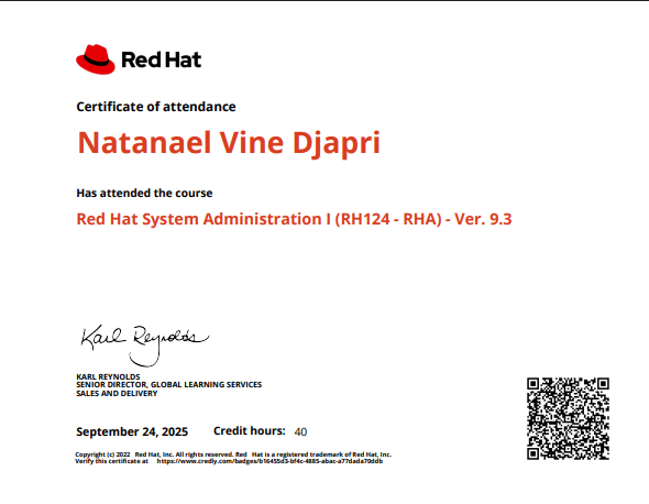 Certificate: Red Hat System Administration I (RH124 - RHA) - Ver. 9.3